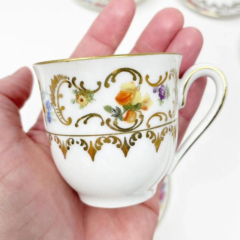 Vintage Bavaria Hand Painted Porcelain Teacup & Saucer Set White Gold Floral